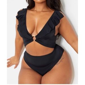 Plus Black Frill Edge Ring Detail Swimsuit